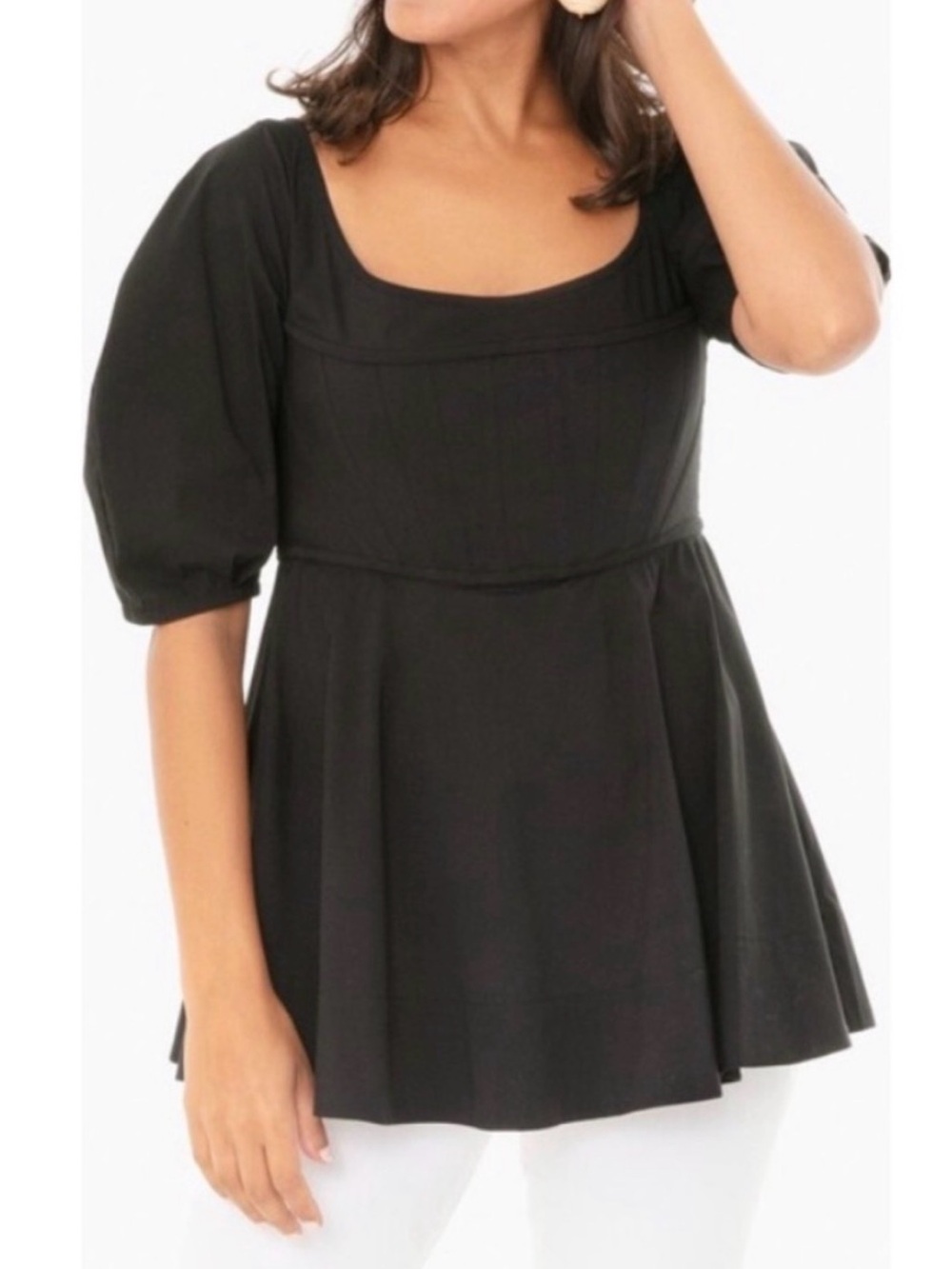 Tuckernuck Black Corset-Style Puff Sleeve Fit & Flare Top Size S